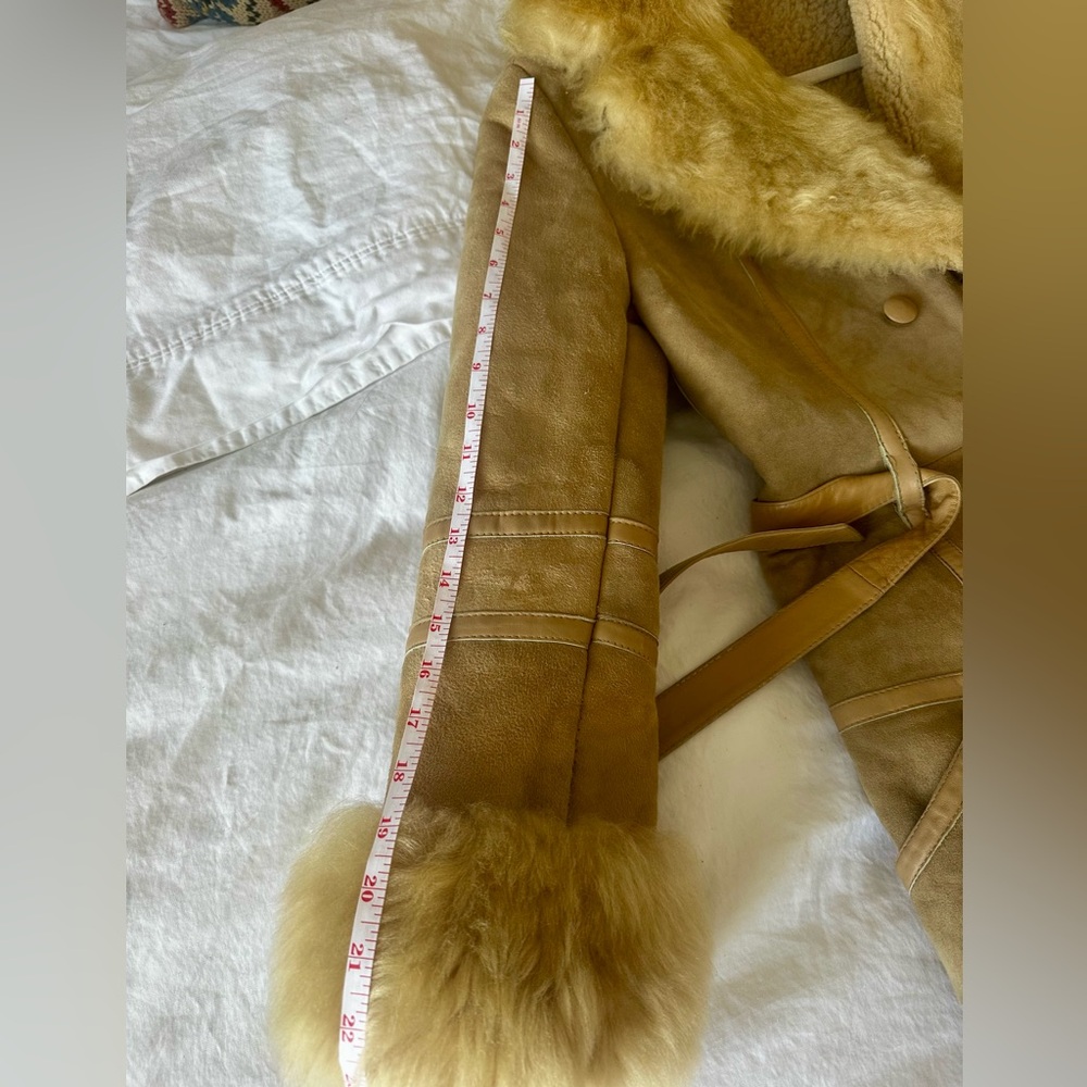 Penny Lane French Shearling Fur Vintage Suede Trench Coat with Leather Belt - Picture 6 of 16